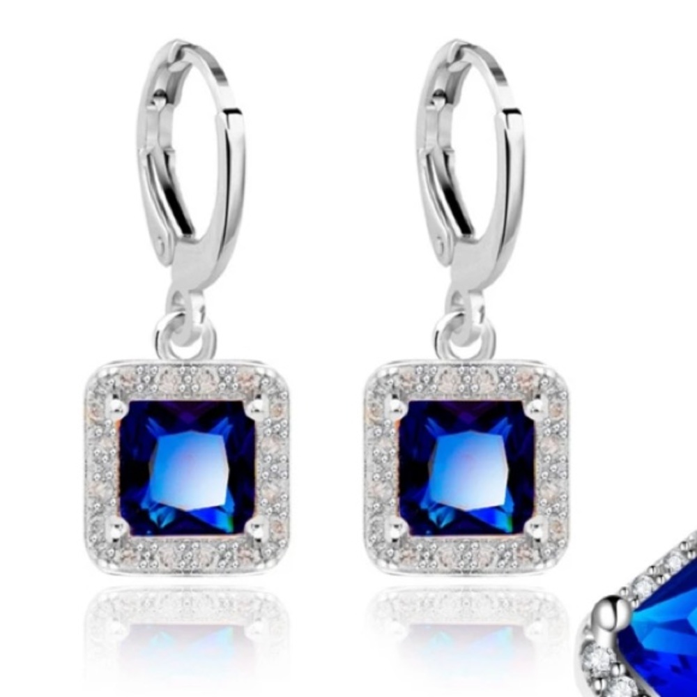18k GP stamped lab made sapphire earrings - Picture 6 of 11